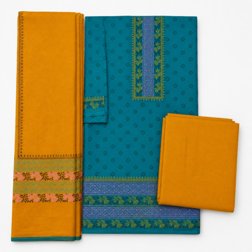 Teal & Mustard Printed Three-Piece Dress Set